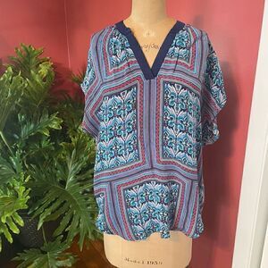TOLANI | silk blue red v neck short sleeve dolman blouse M